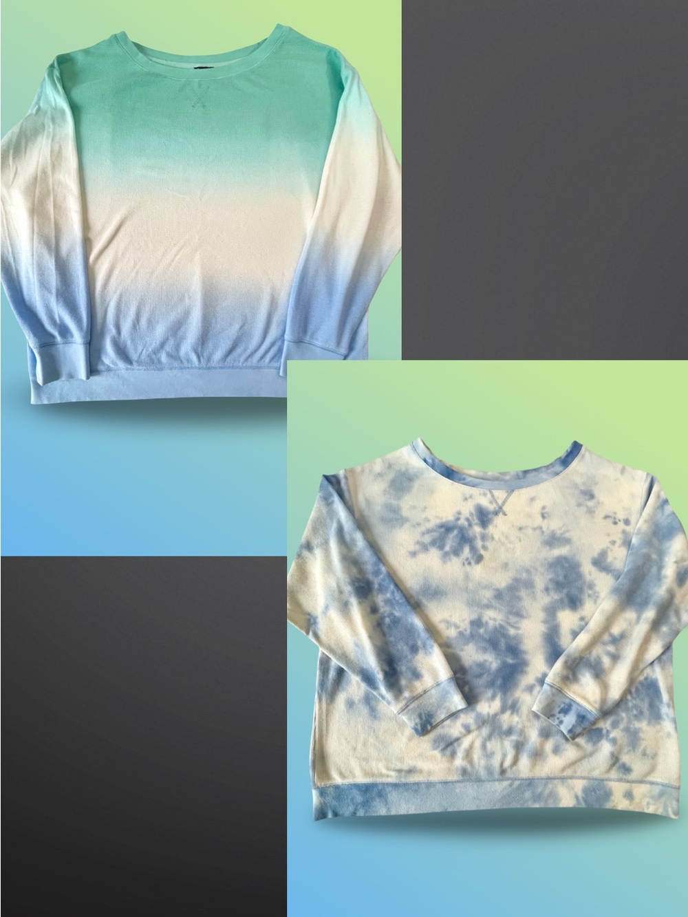 Splendid Waffle Knit Thermal Top Set of 2 Blue Tie Dye & Teal Ombre SzXL